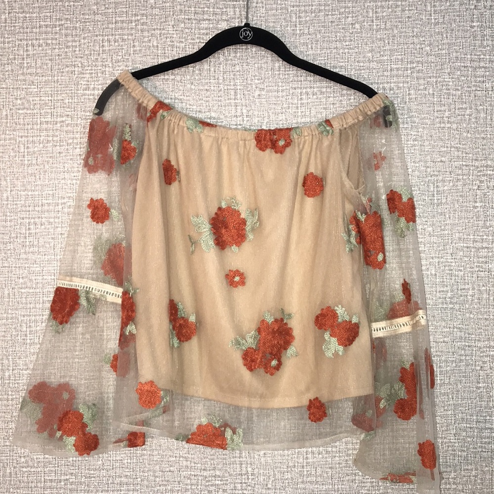 GB Sheer Embroidery Off The Shoulder Crop Bell